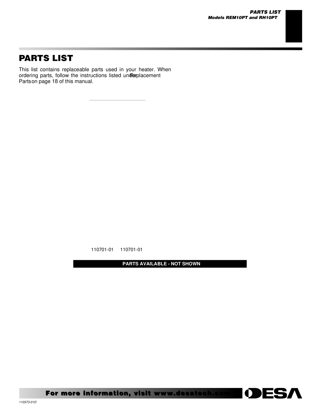 Desa installation manual Parts List, KEY Part Number REM10PT RH10PT Description QTY 