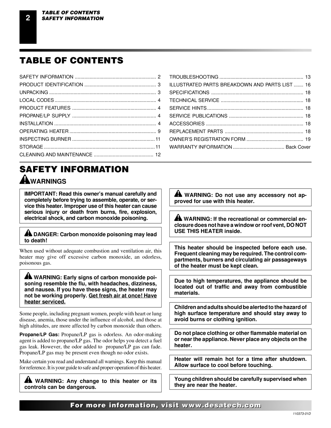 Desa REM10PT RH10PT installation manual Table of Contents, Safety Information 