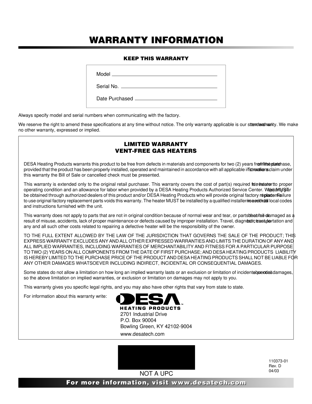 Desa REM10PT RH10PT installation manual Warranty Information 