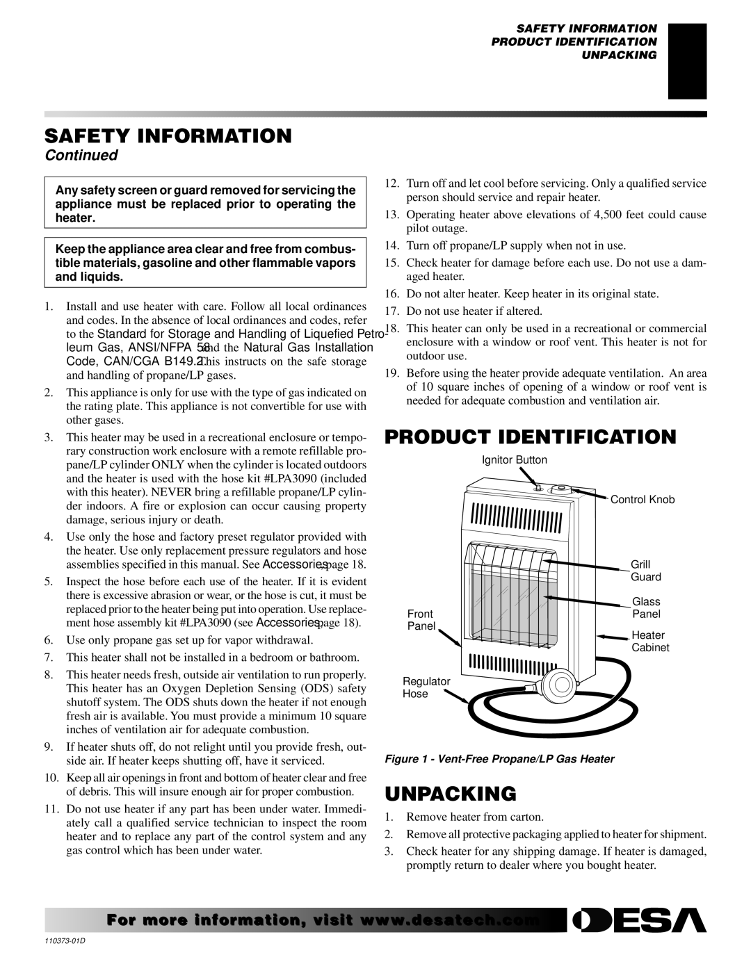 Desa REM10PT RH10PT installation manual Product Identification, Unpacking 