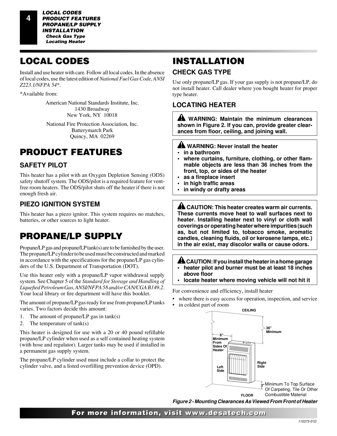 Desa REM10PT RH10PT installation manual Local Codes, Product Features, PROPANE/LP Supply, Installation 