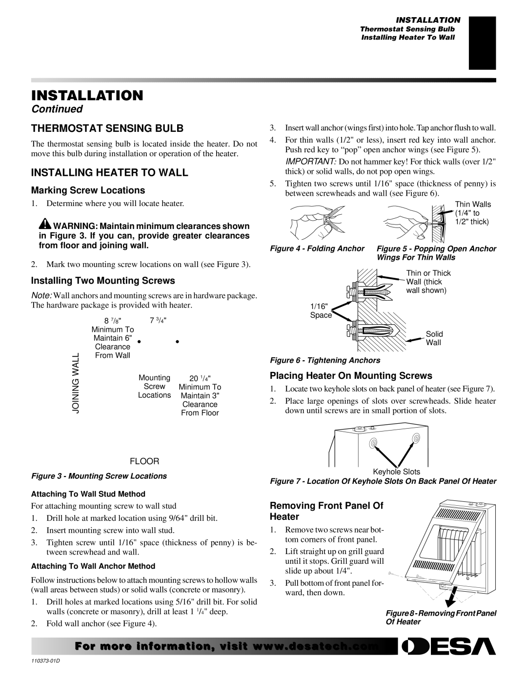 Desa REM10PT RH10PT installation manual Thermostat Sensing Bulb, Installing Heater to Wall 