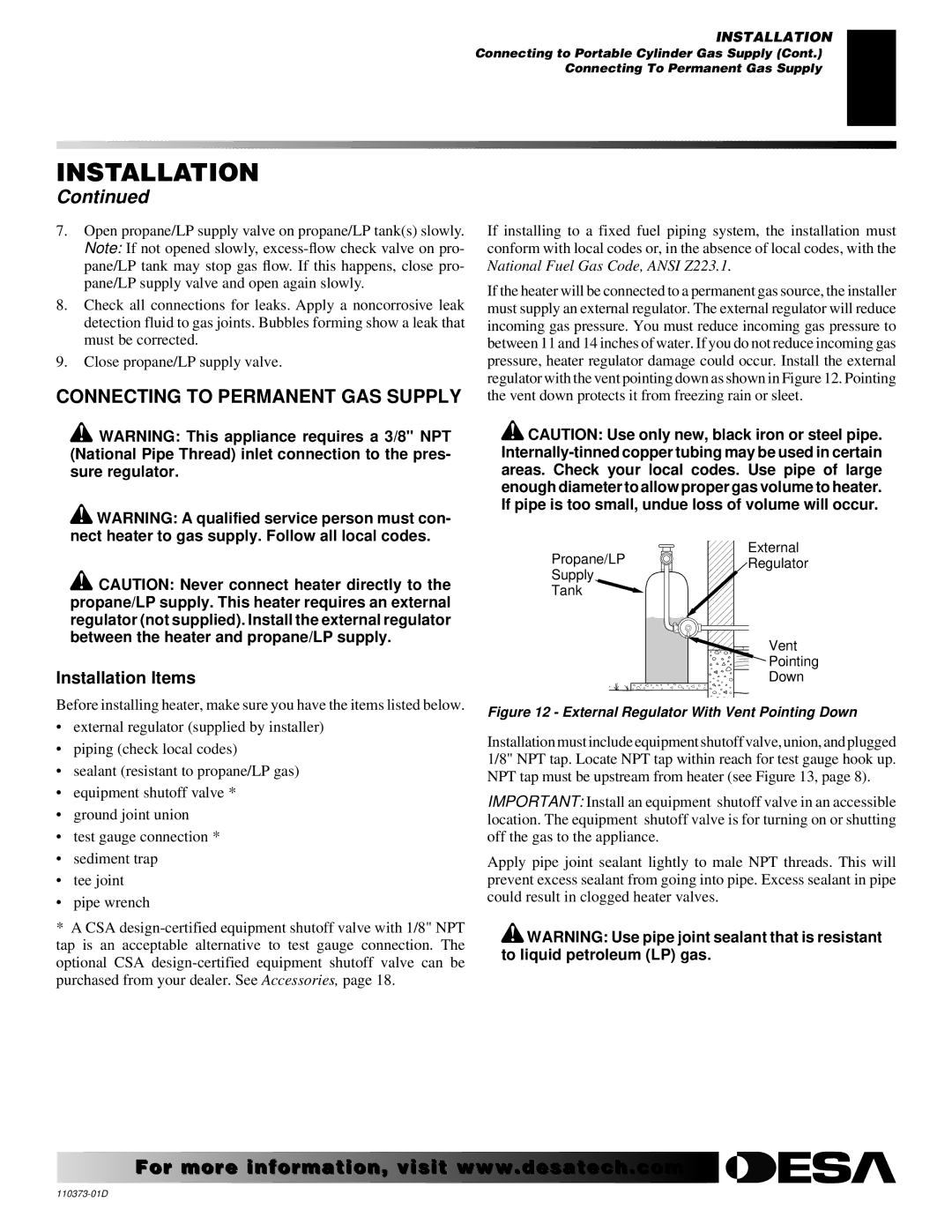 Desa REM10PT RH10PT installation manual Connecting to Permanent GAS Supply, Installation Items 