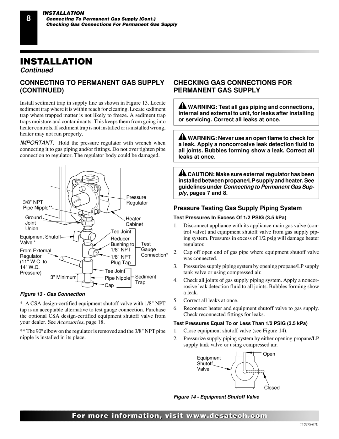 Desa REM10PT RH10PT installation manual Permanent GAS Supply, Pressure Testing Gas Supply Piping System 