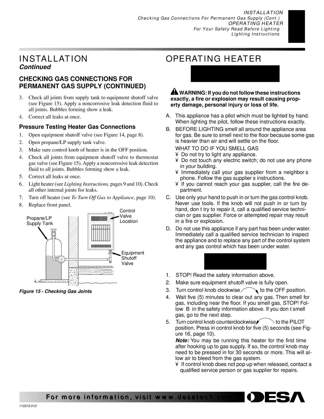 Desa REM10PT RH10PT Operating Heater, Checking GAS Connections for Permanent GAS Supply, Lighting Instructions 