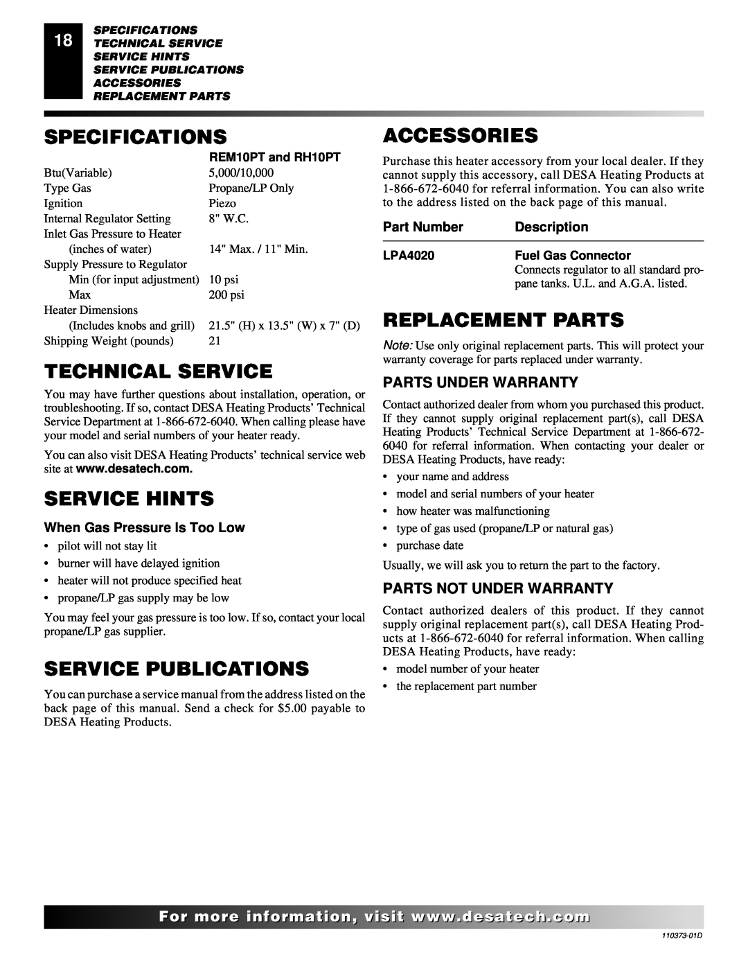Desa REM10PT RH10PT Specifications, Technical Service, Service Hints, Service Publications, Accessories, Replacement Parts 