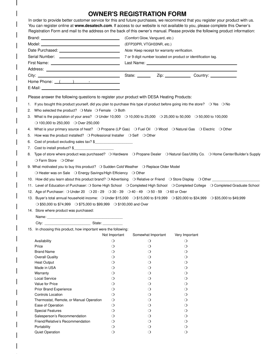 Desa REM10PT RH10PT installation manual Owners Registration Form 