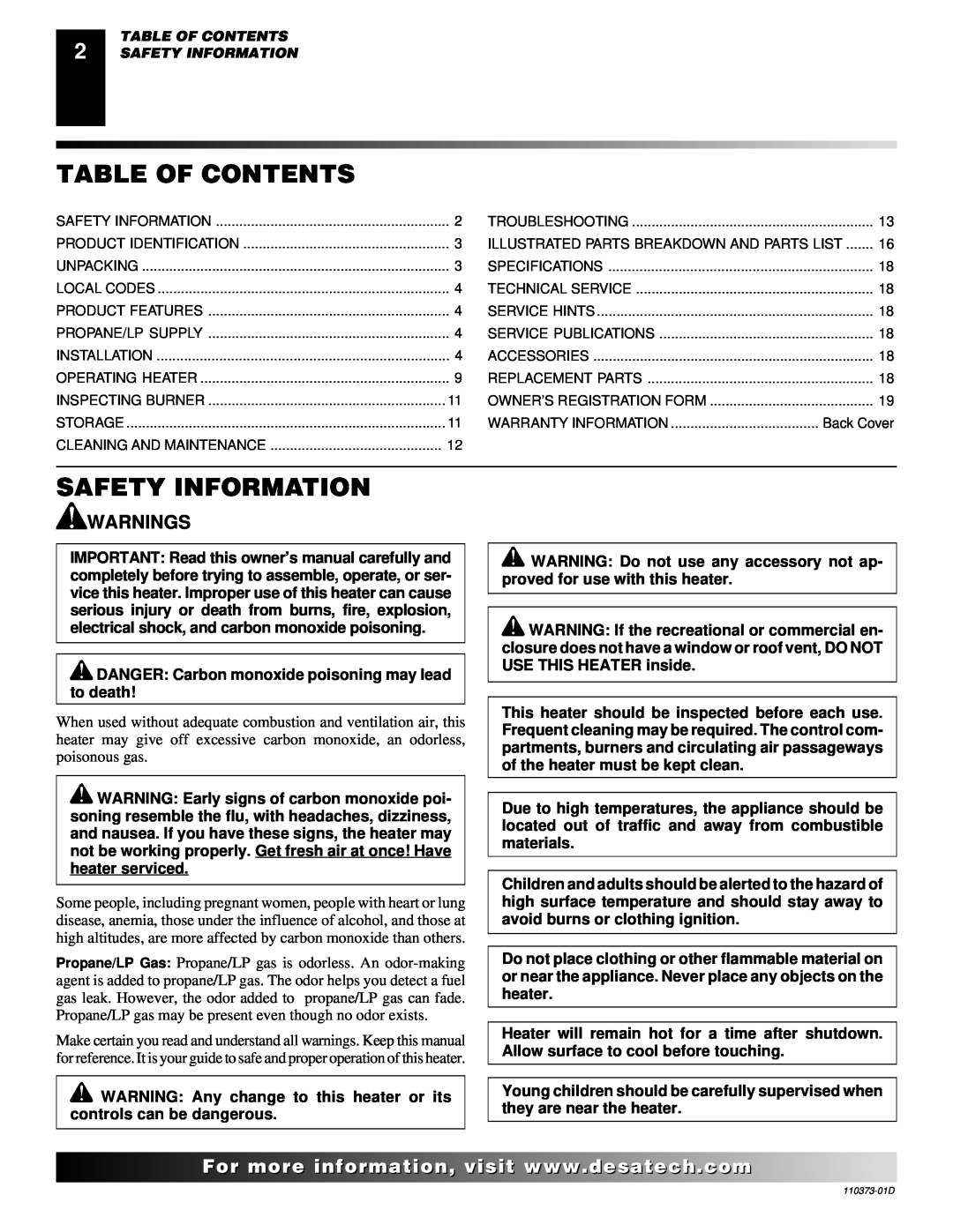 Desa REM10PT RH10PT installation manual Table Of Contents, Safety Information, Warnings, For..com 