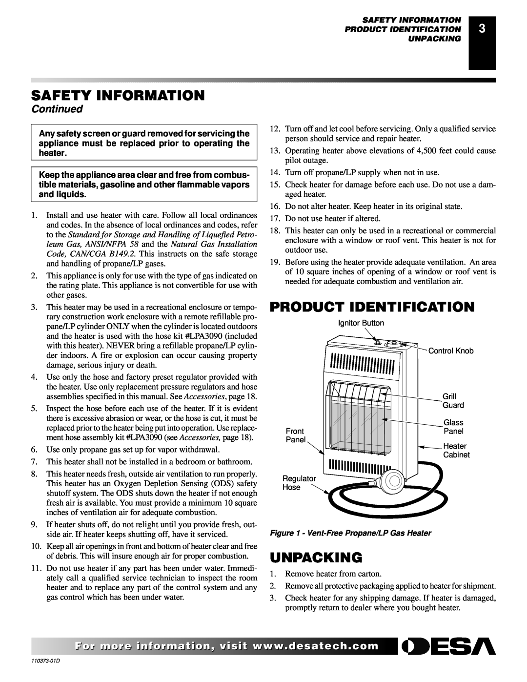 Desa REM10PT RH10PT installation manual Product Identification, Unpacking, Continued, Safety Information 