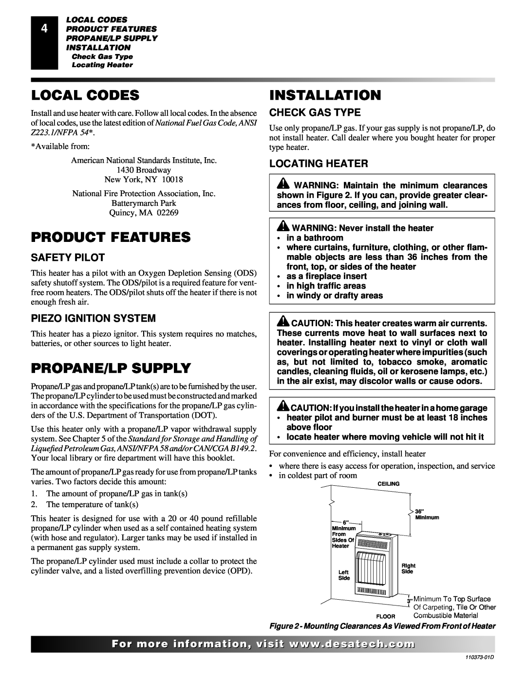 Desa REM10PT RH10PT installation manual Local Codes, Product Features, Propane/Lp Supply, Installation, For..com 