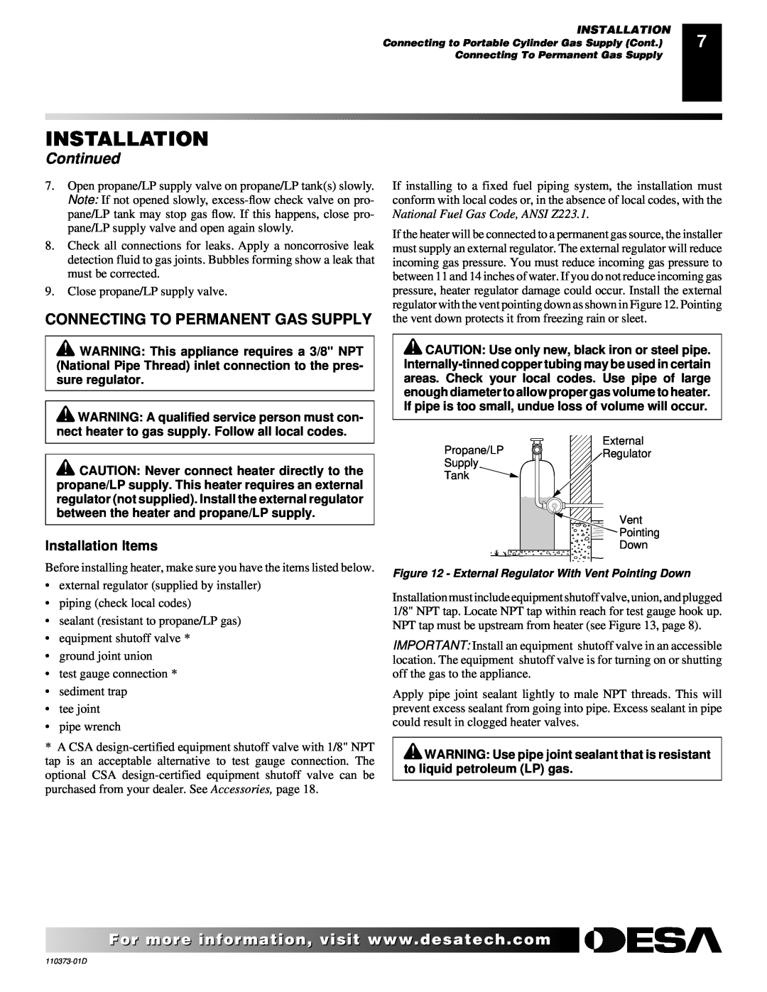 Desa REM10PT RH10PT installation manual Continued, Connecting To Permanent Gas Supply, Installation Items 