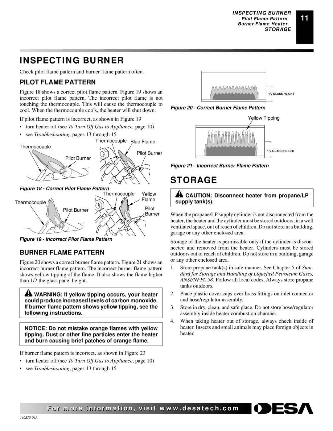 Desa REM10PT installation manual Inspecting Burner, Storage, Pilot Flame Pattern, Burner Flame Pattern 