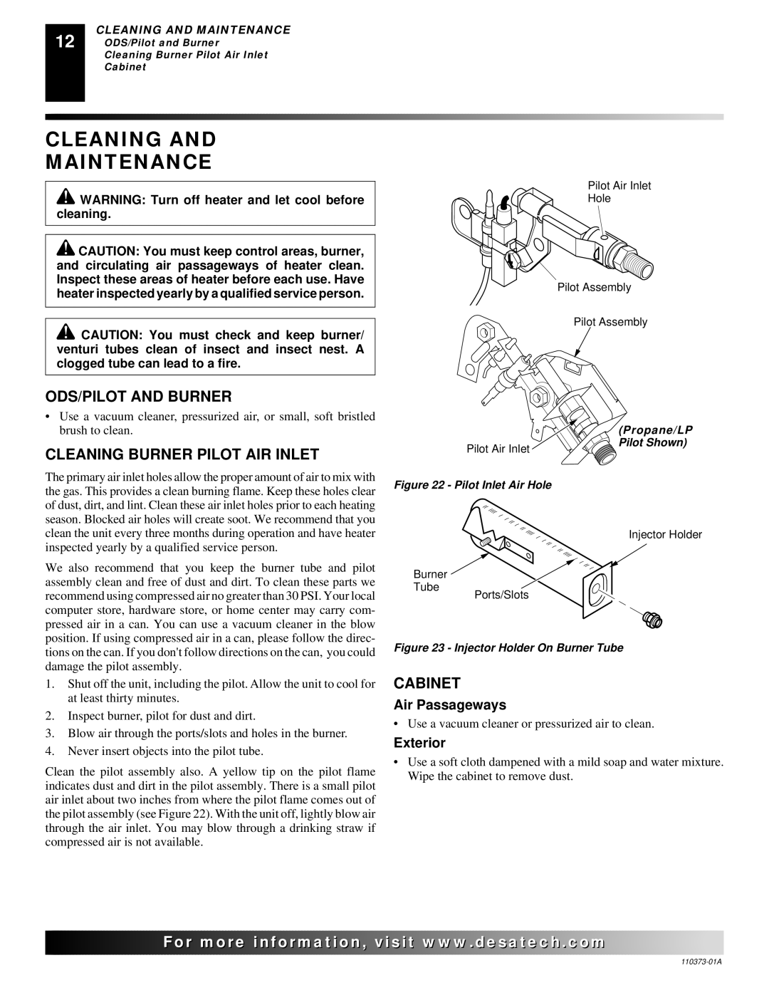 Desa REM10PT installation manual Cleaning Maintenance, ODS/PILOT and Burner, Cleaning Burner Pilot AIR Inlet, Cabinet 