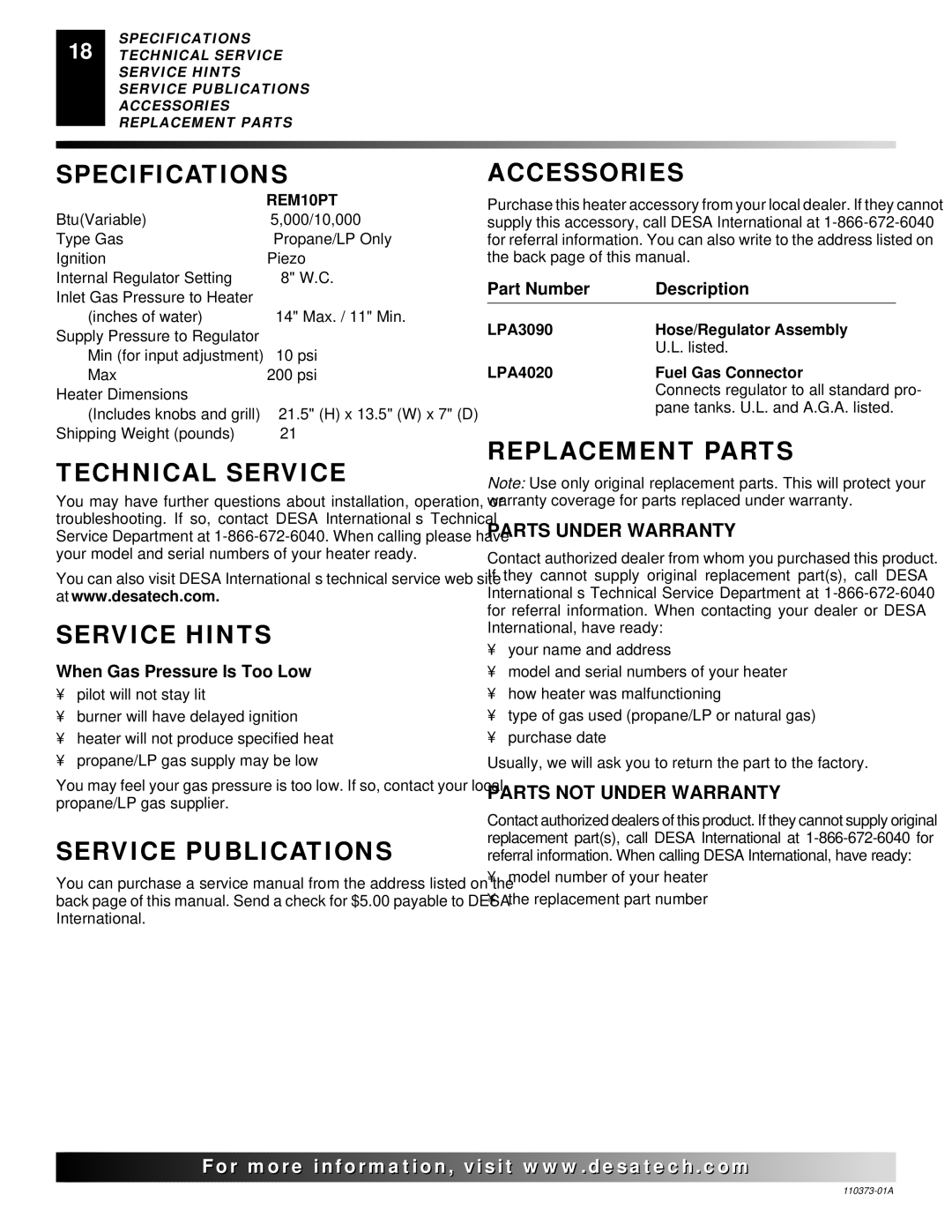 Desa REM10PT Specifications, Technical Service, Service Hints, Service Publications Accessories, Replacement Parts 