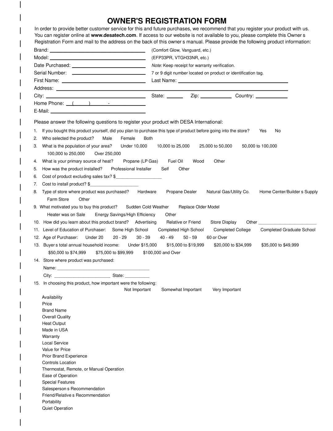 Desa REM10PT installation manual Owners Registration Form 