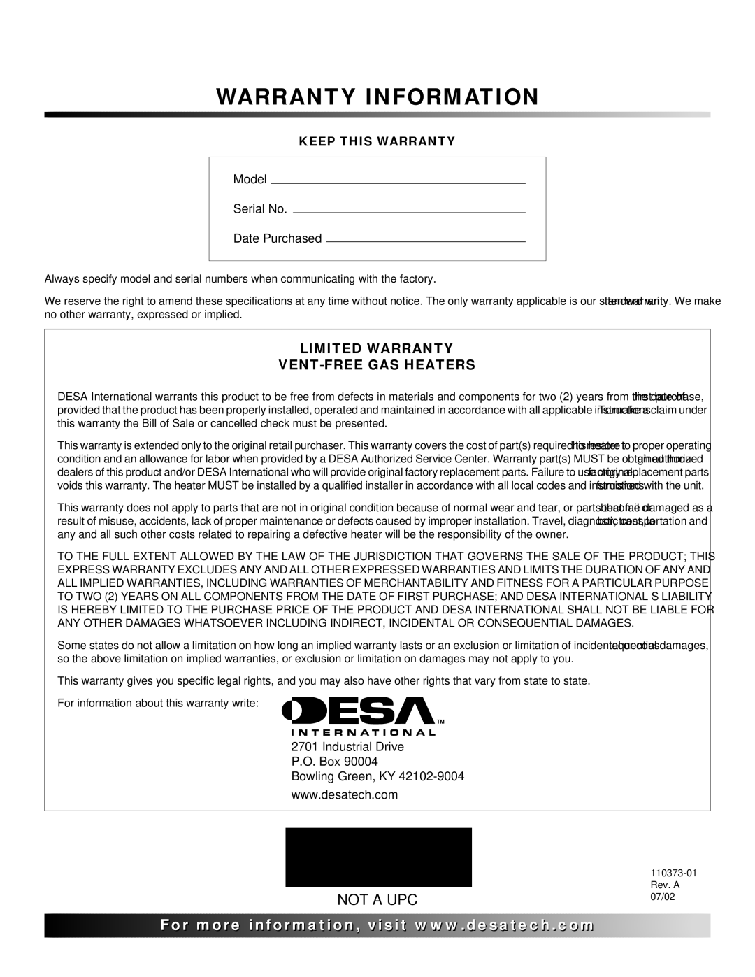 Desa REM10PT installation manual Warranty Information 