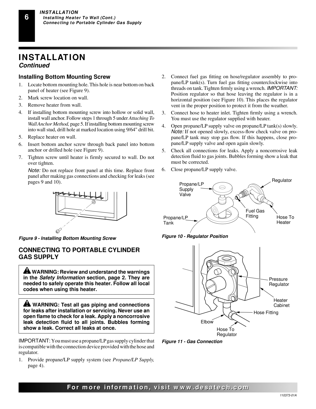 Desa REM10PT installation manual Connecting to Portable Cylinder GAS Supply, Installing Bottom Mounting Screw 