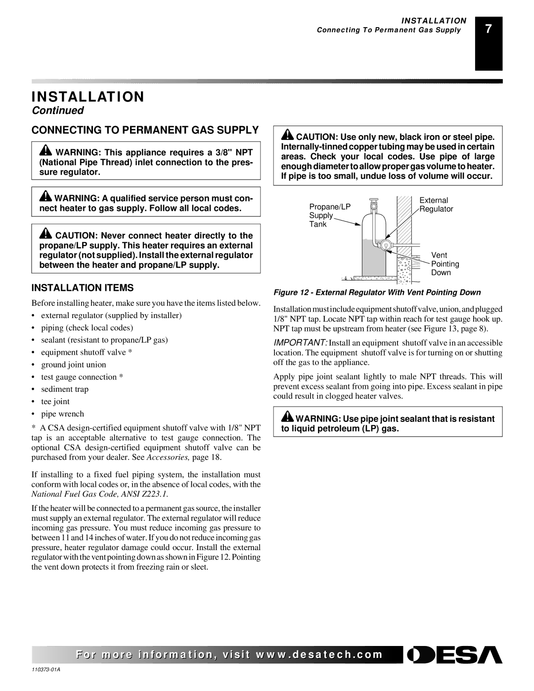 Desa REM10PT installation manual Connecting to Permanent GAS Supply, Installation Items 