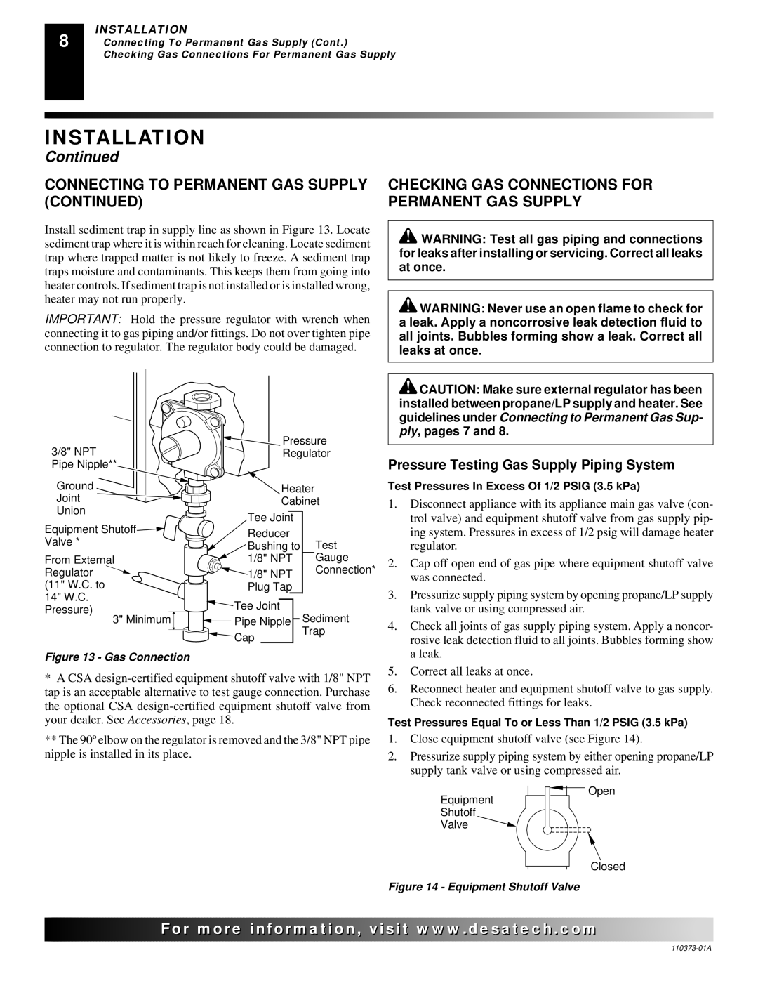 Desa REM10PT installation manual Permanent GAS Supply, Pressure Testing Gas Supply Piping System 