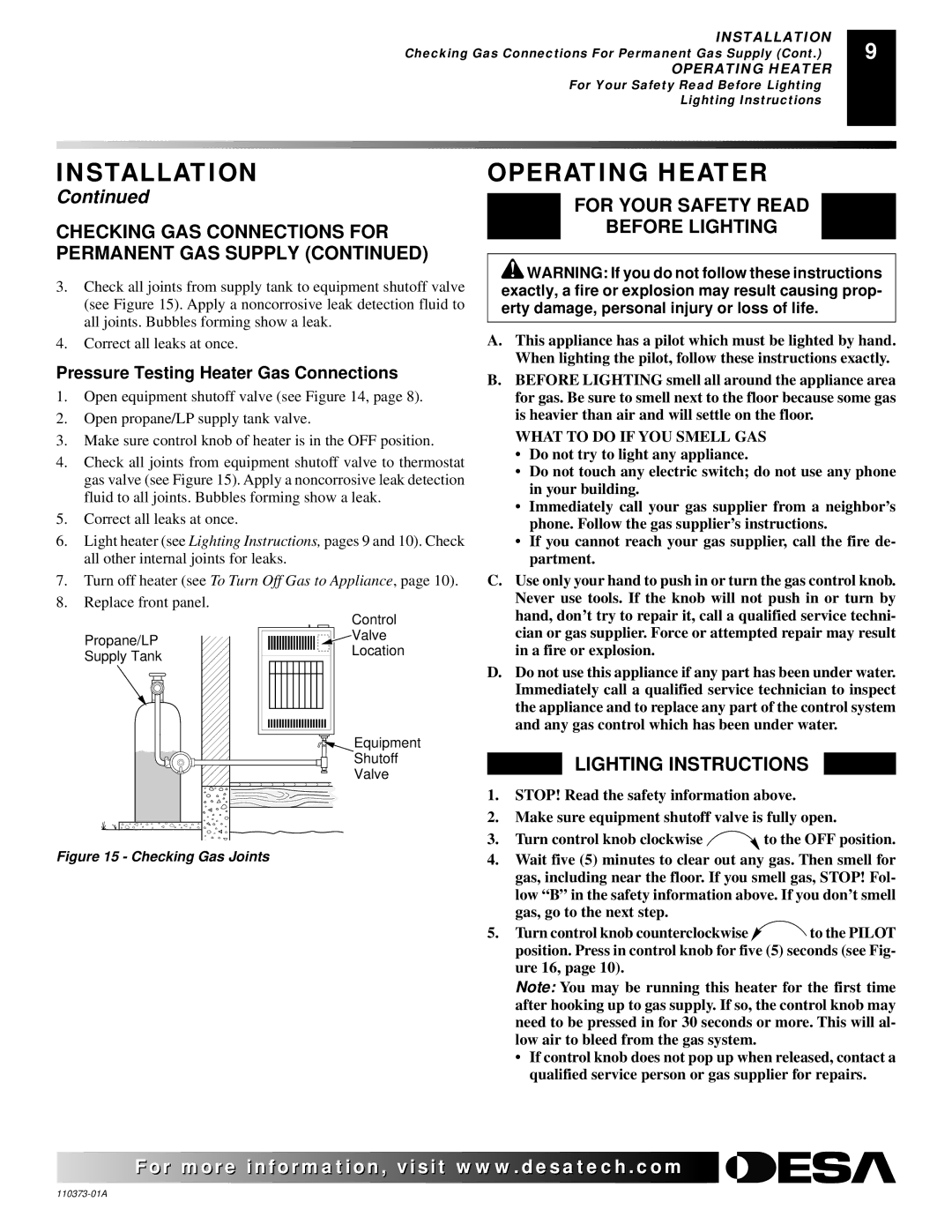 Desa REM10PT Operating Heater, Checking GAS Connections for Permanent GAS Supply, For Your Safety Read Before Lighting 