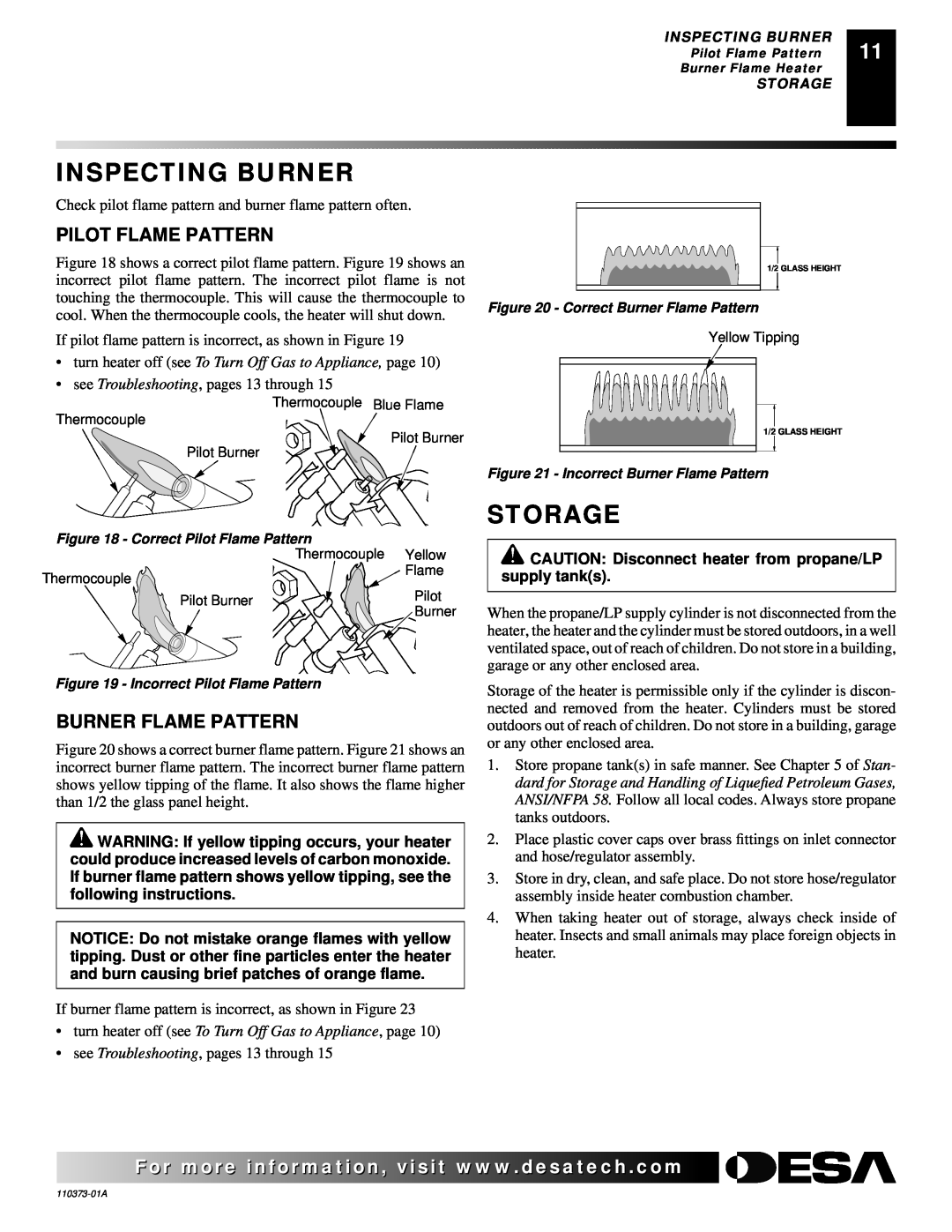 Desa REM10PT installation manual Inspecting Burner, Storage, Pilot Flame Pattern, Burner Flame Pattern 
