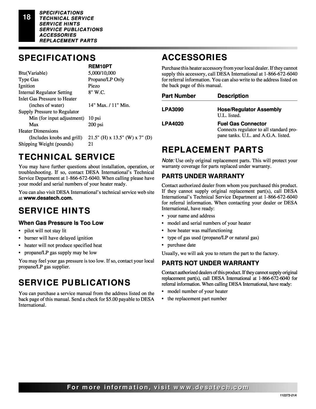 Desa REM10PT Specifications, Technical Service, Service Hints, Service Publications, Accessories, Replacement Parts 
