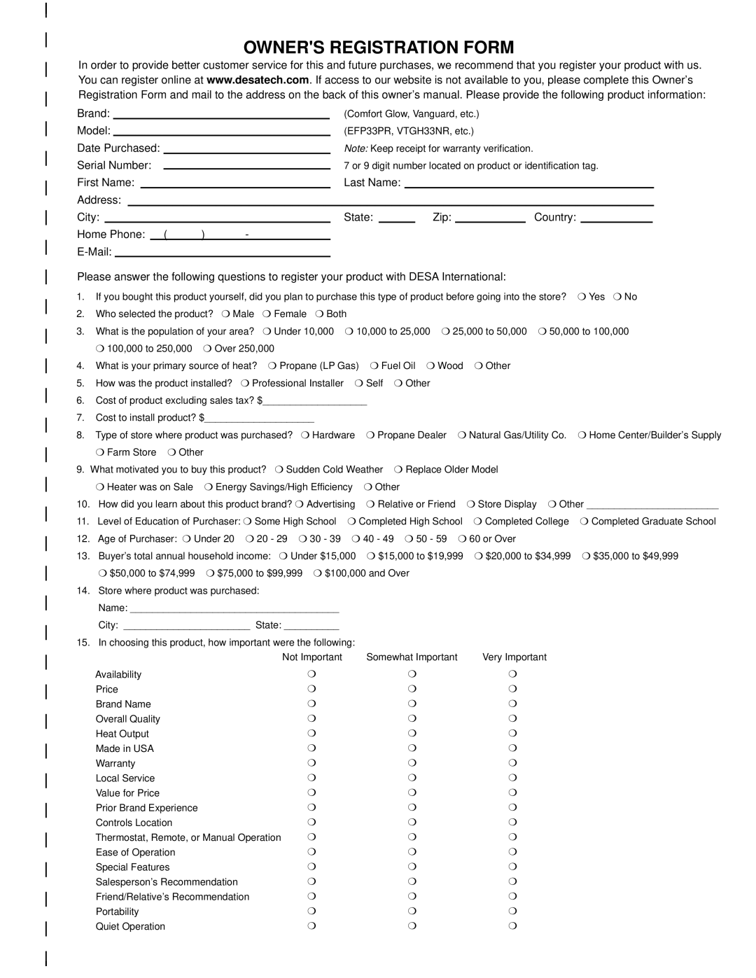 Desa REM10PT installation manual Owners Registration Form 