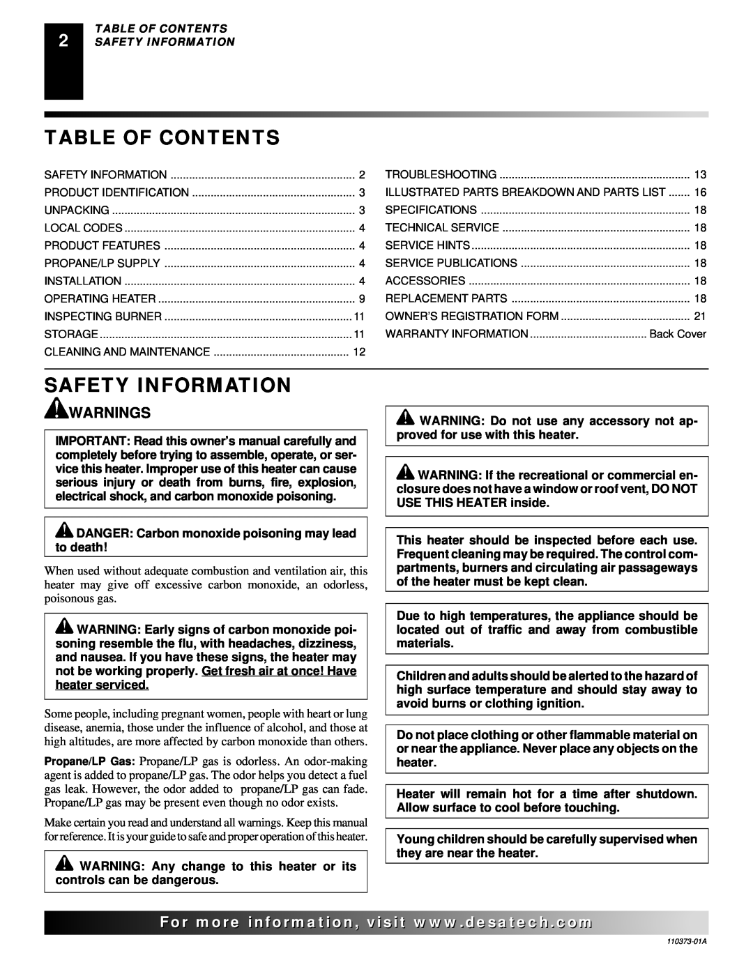 Desa REM10PT installation manual Table Of Contents, Safety Information, Warnings 