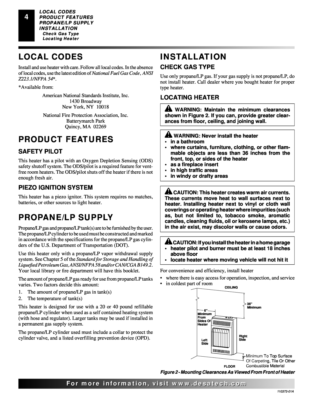 Desa REM10PT installation manual Local Codes, Product Features, Propane/Lp Supply, Installation 