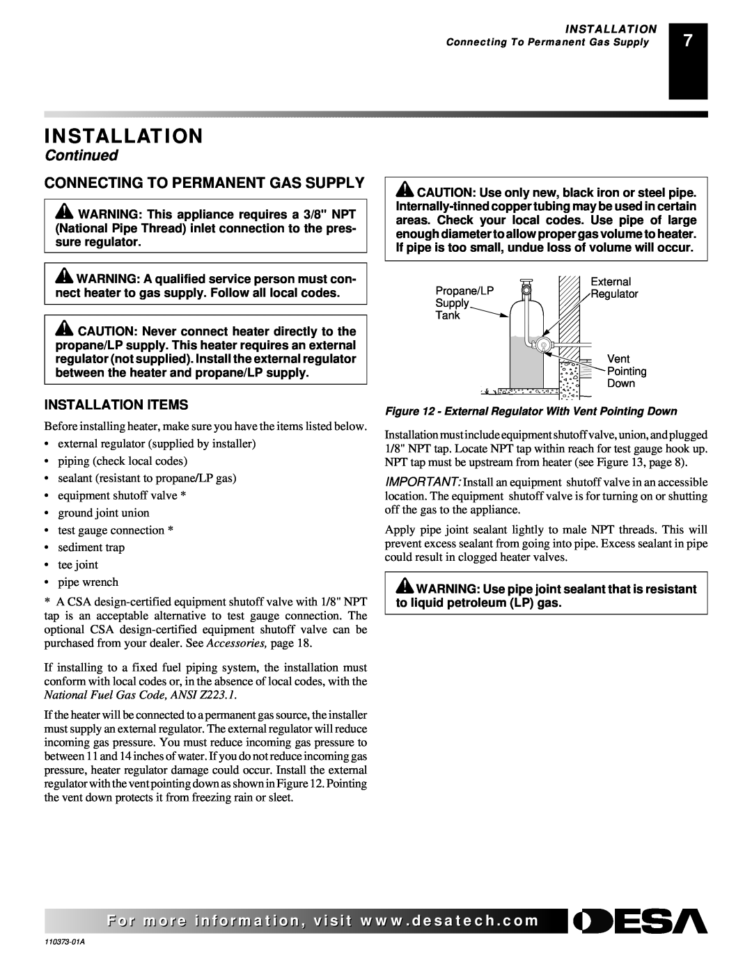 Desa REM10PT installation manual Continued, Connecting To Permanent Gas Supply, Installation Items 
