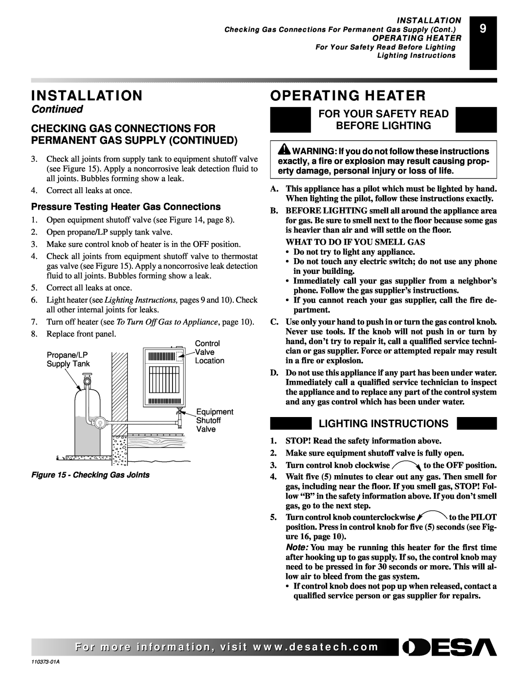 Desa REM10PT Operating Heater, Installation, Continued, For Your Safety Read Before Lighting, Lighting Instructions 