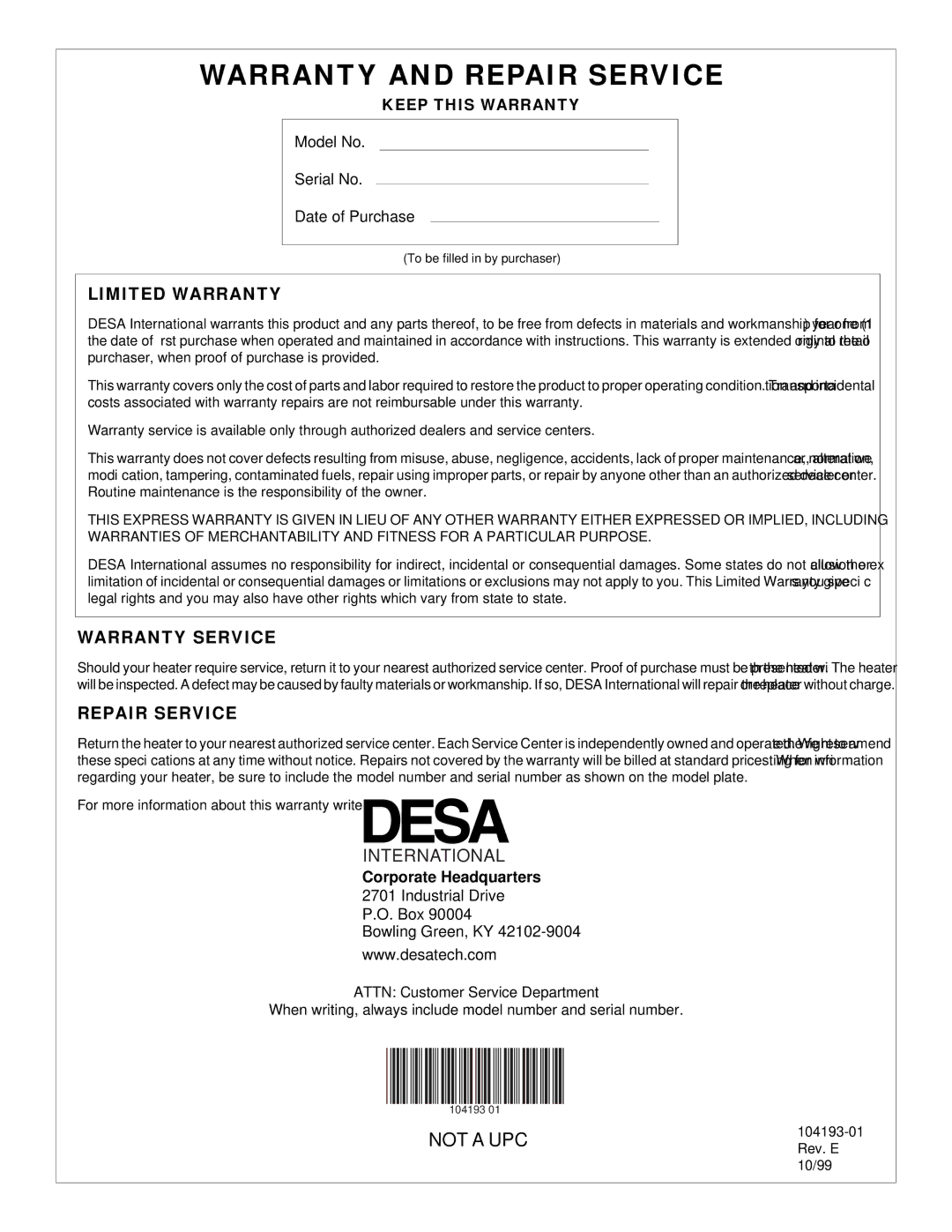 Desa R115T, REM115T, B115T owner manual Warranty and Repair Service 