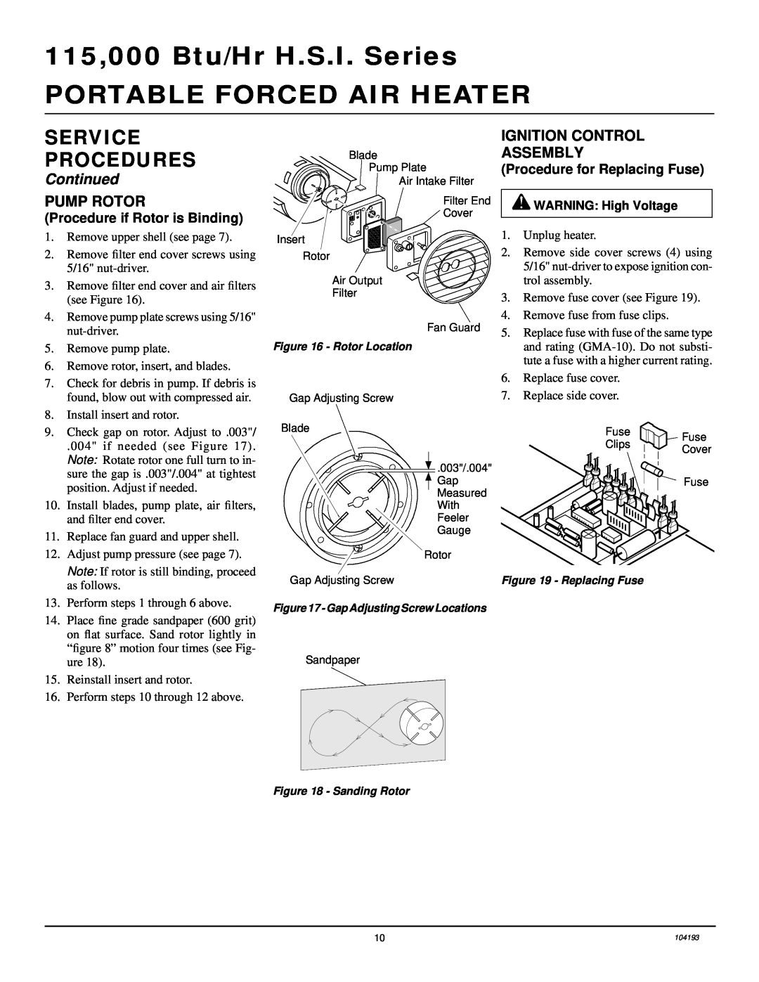 Desa R115T Pump Rotor, Ignition Control Assembly, Procedure if Rotor is Binding, Procedure for Replacing Fuse, Continued 