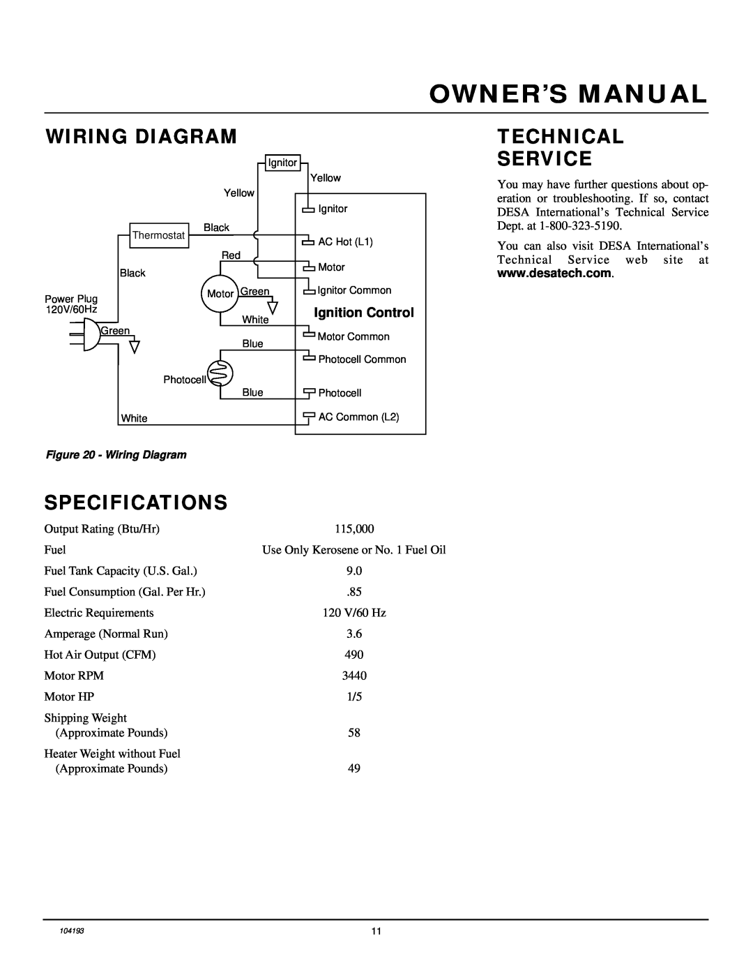 Desa B115T, REM115T, R115T owner manual Wiring Diagram, Technical Service, Specifications, Ignition Control 