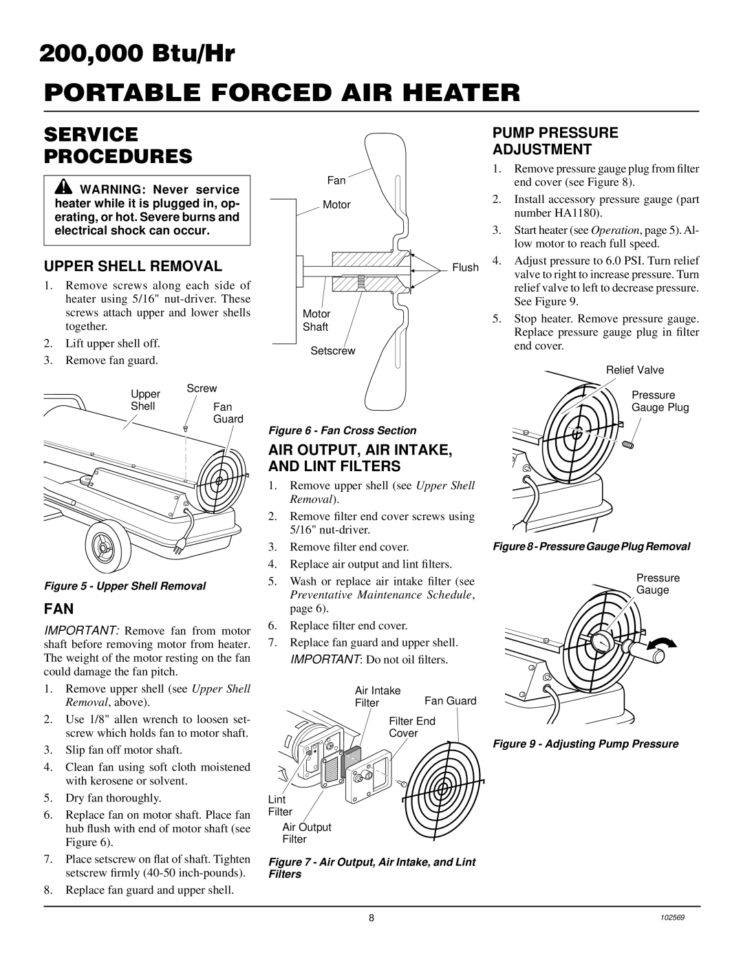 Desa B200 Service Procedures, Upper Shell Removal, Fan, AIR OUTPUT, AIR INTAKE, and Lint Filters, Pump Pressure Adjustment 