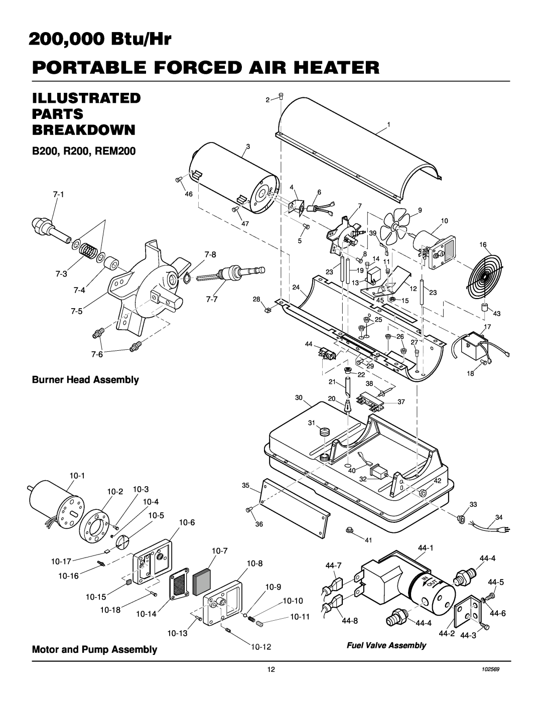 Desa owner manual Illustrated, Parts Breakdown, B200, R200, REM200, Burner Head Assembly, Motor and Pump Assembly 