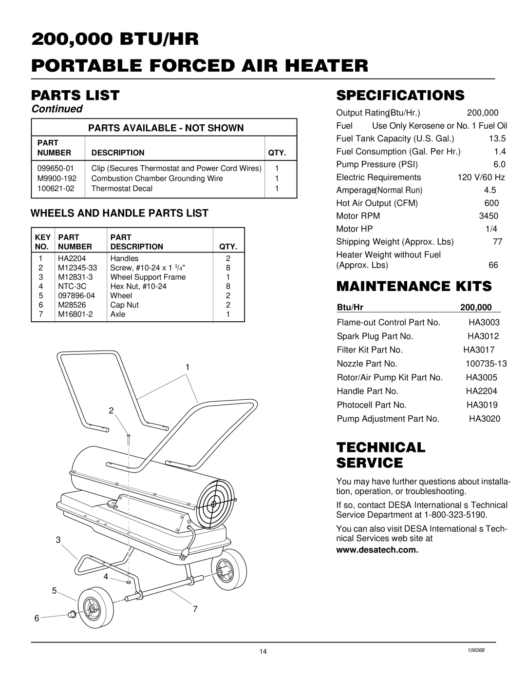 Desa REM200T owner manual Specifications, Maintenance Kits, Technical Service, Wheels and Handle Parts List 