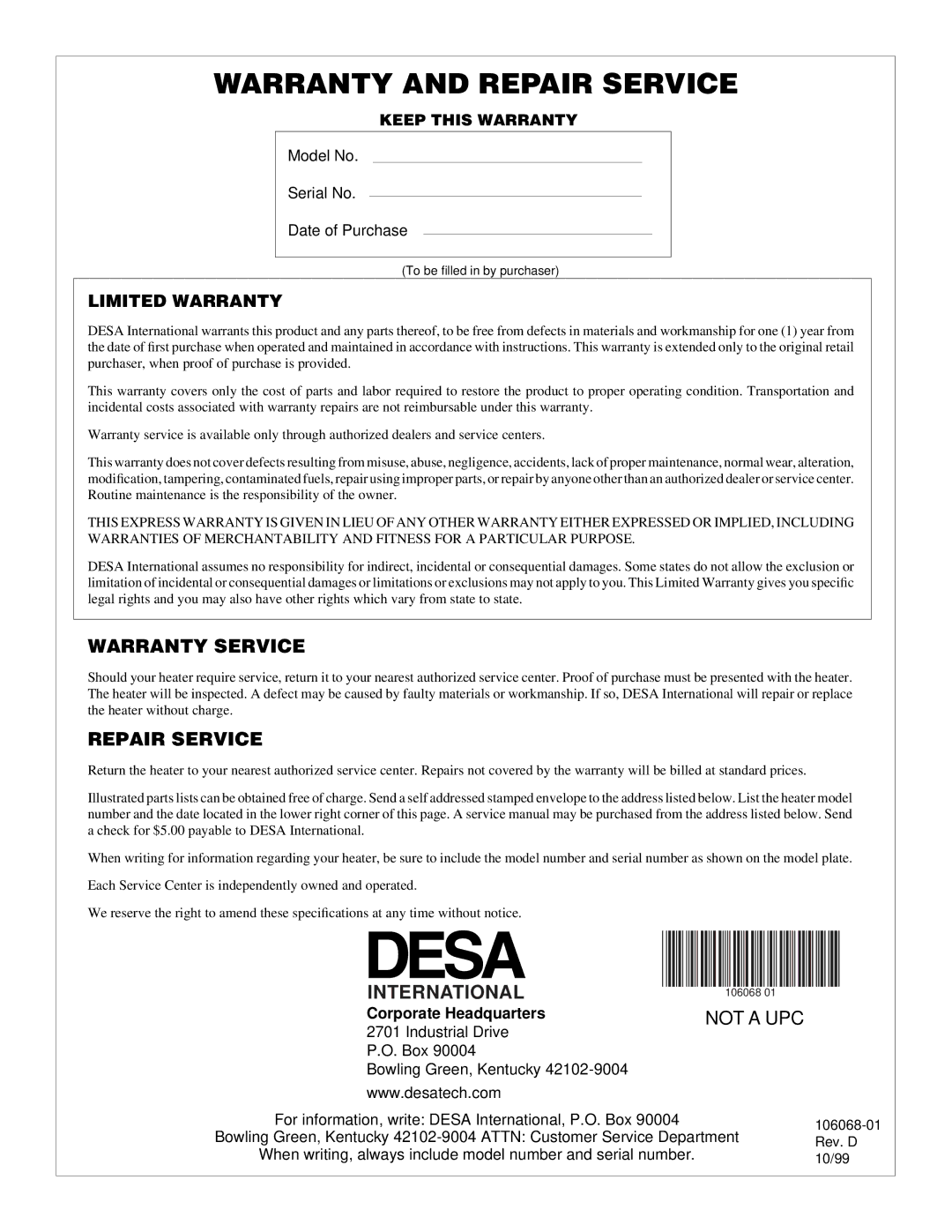 Desa REM200T owner manual Warranty Service, Repair Service, International 