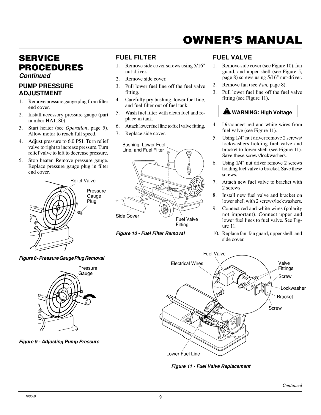 Desa REM200T owner manual Pump Pressure Adjustment, Fuel Filter, Fuel Valve 