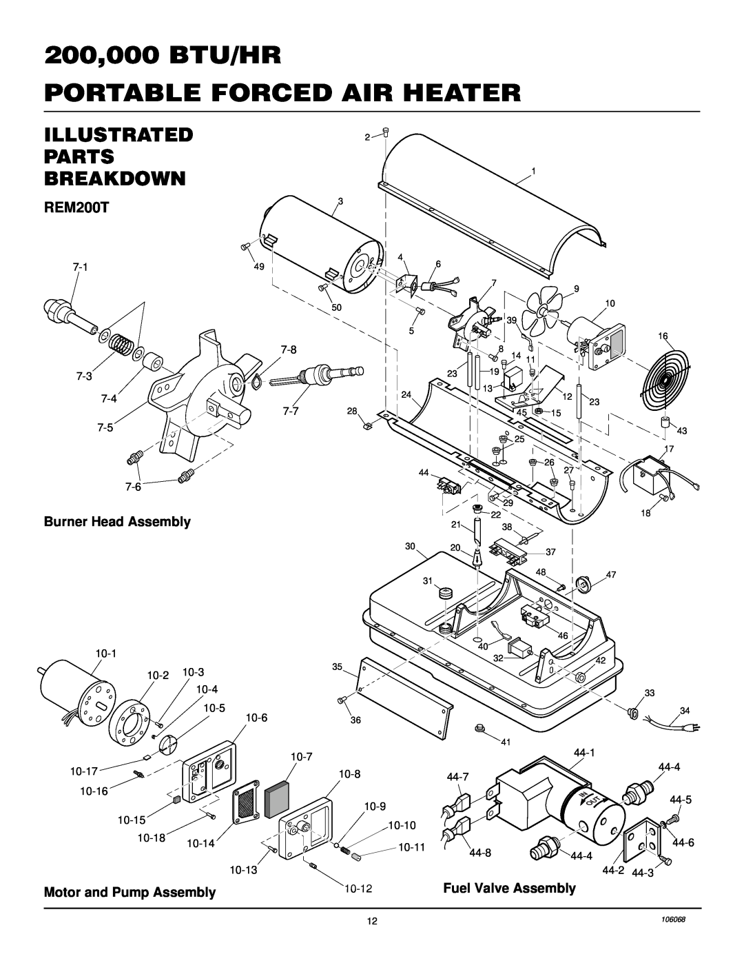 Desa REM200T owner manual Illustrated Parts Breakdown, Burner Head Assembly, Motor and Pump Assembly, Fuel Valve Assembly 