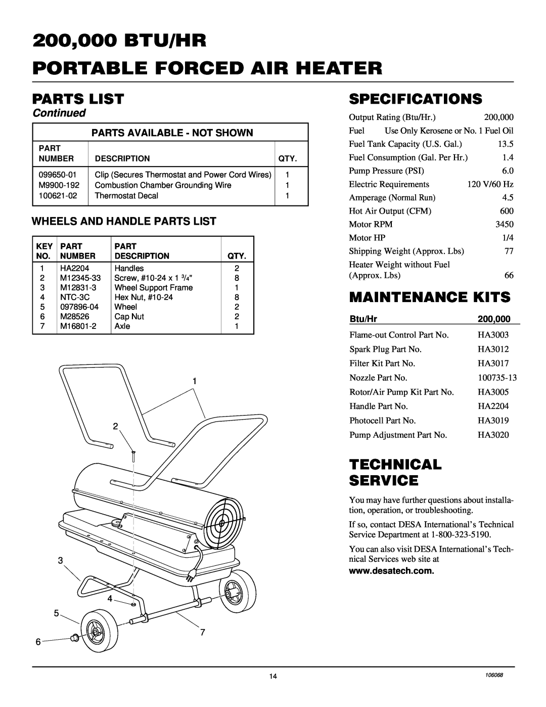 Desa REM200T Specifications, Maintenance Kits, Technical Service, Wheels And Handle Parts List, Btu/Hr, 200,000, Continued 