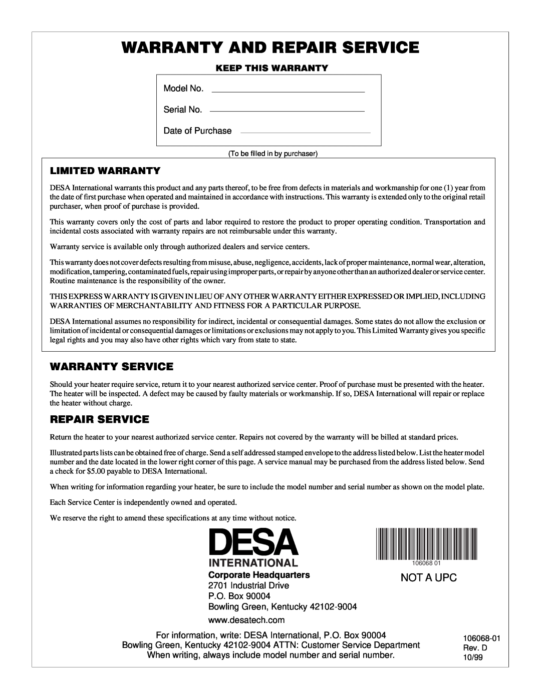 Desa REM200T Warranty And Repair Service, Warranty Service, International, Limited Warranty, Keep This Warranty, Not A Upc 