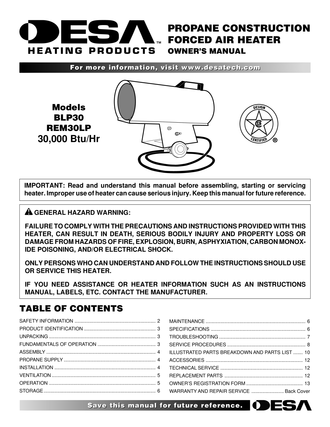 Desa owner manual BLP30 REM30LP, Table of Contents 