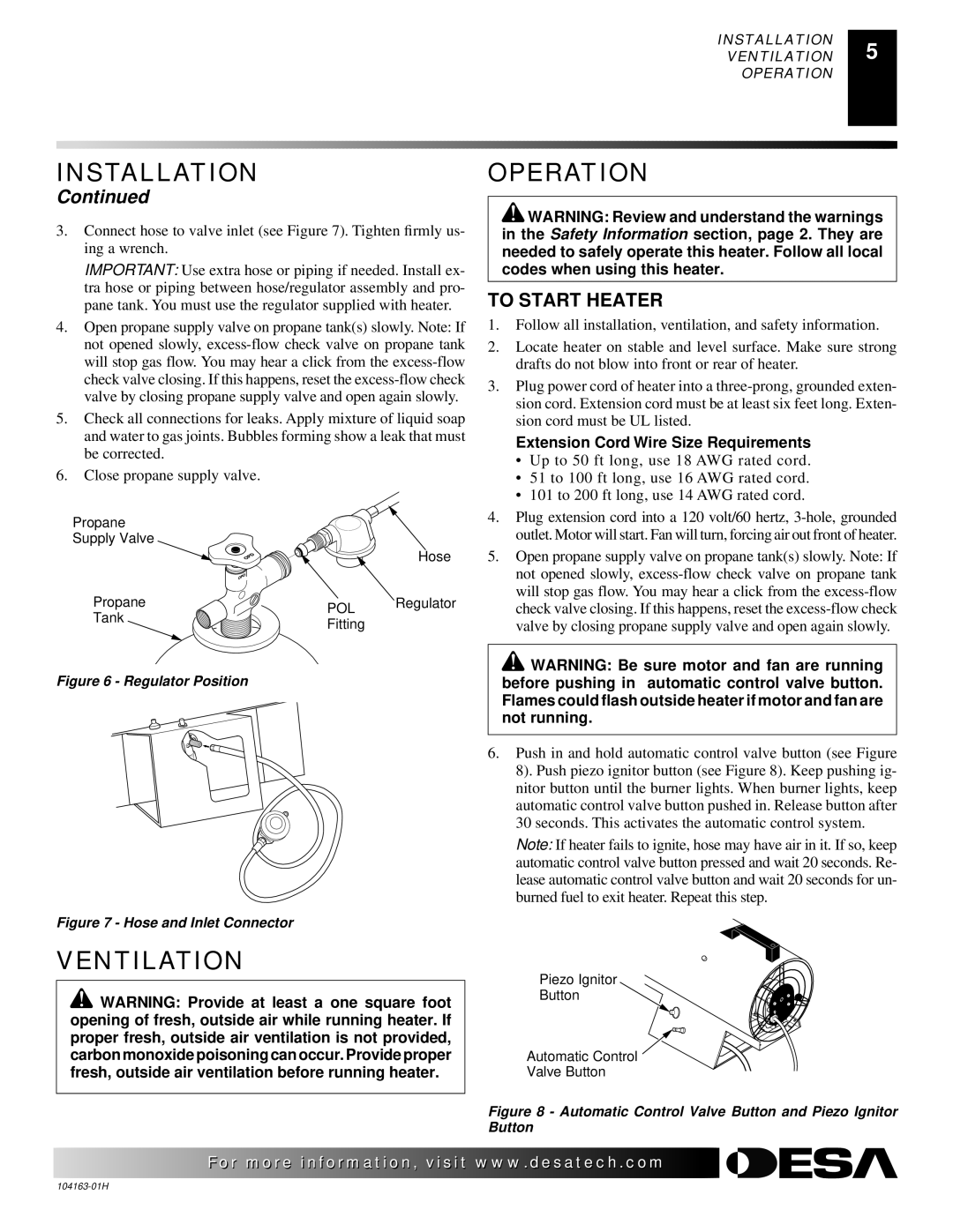 Desa REM30LP owner manual Ventilation, To Start Heater 