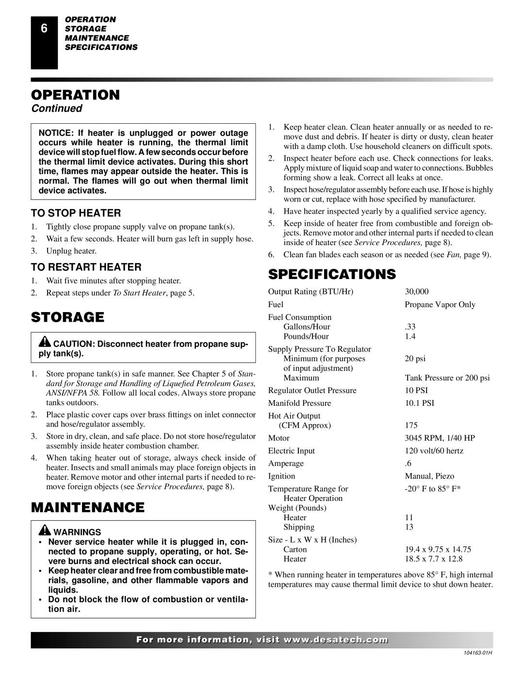 Desa REM30LP owner manual Storage, Maintenance, Specifications, To Stop Heater, To Restart Heater 