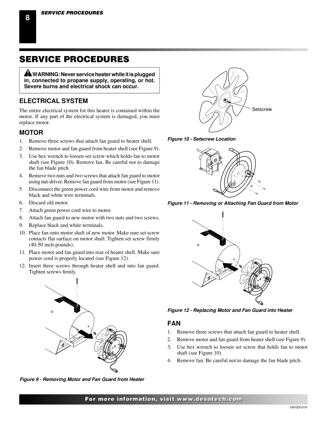 Desa REM30LP owner manual Service Procedures, Electrical System, Motor, Fan 