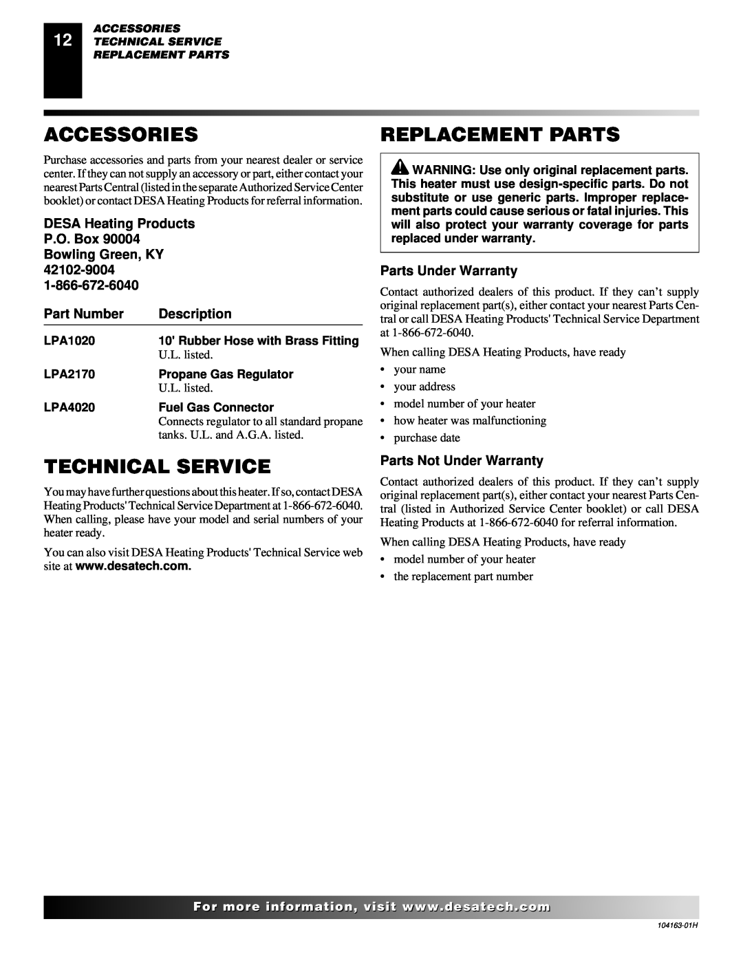Desa REM30LP Accessories, Replacement Parts, Technical Service, Part Number, Description, Parts Under Warranty, LPA1020 