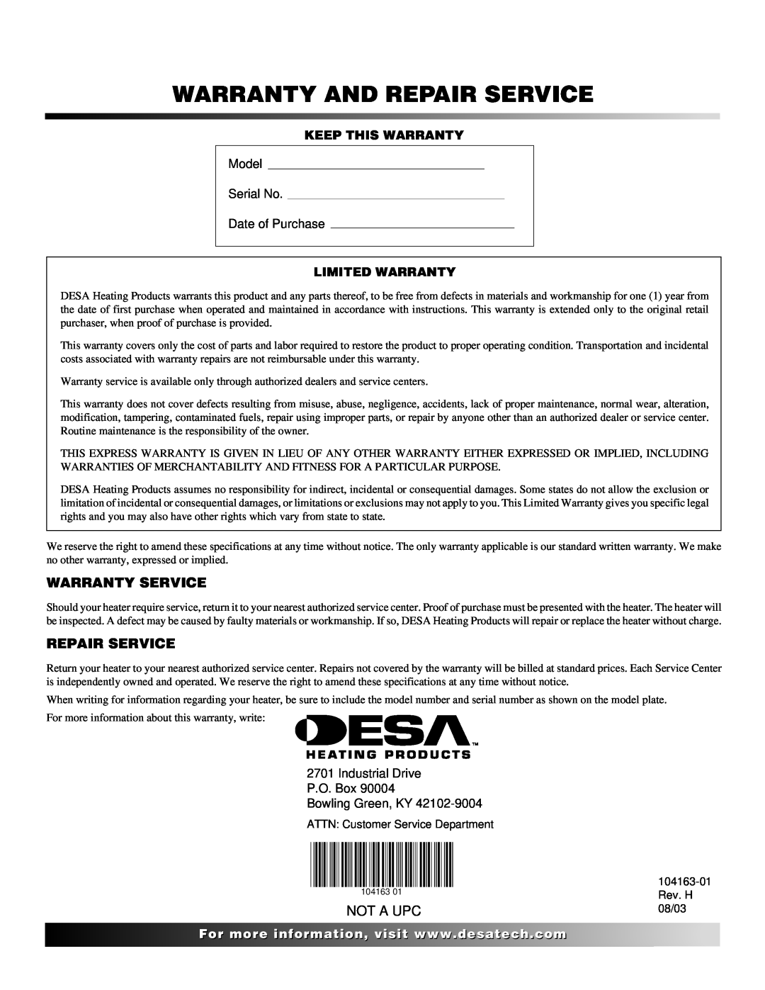 Desa REM30LP owner manual Warranty And Repair Service, Warranty Service, Not A Upc, Keep This Warranty, Limited Warranty 