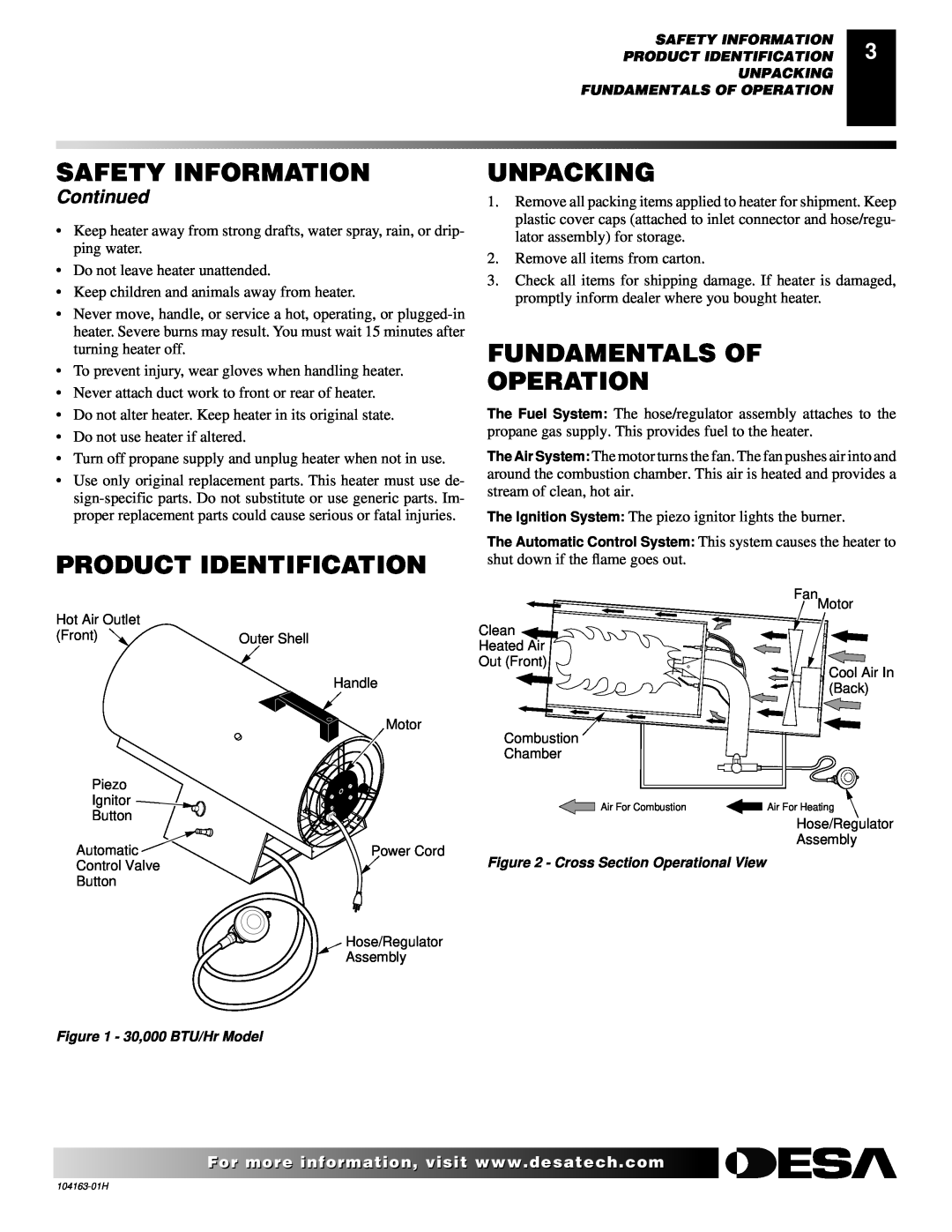 Desa REM30LP owner manual Product Identification, Unpacking, Fundamentals Of Operation, Continued, Safety Information 