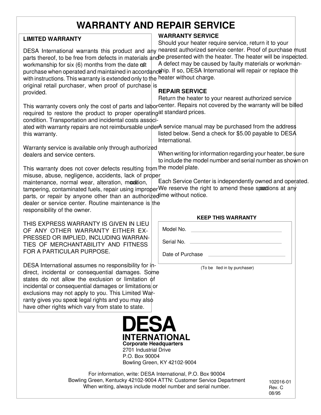 Desa REM50B, B50G owner manual Warranty and Repair Service, Limited Warranty 